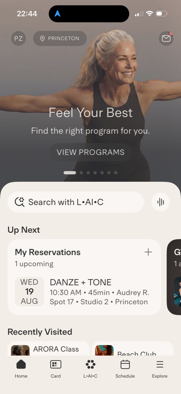 Life Time app showing an upcoming 45-minute DANZE plus TONE reservation for Wednesday August 19