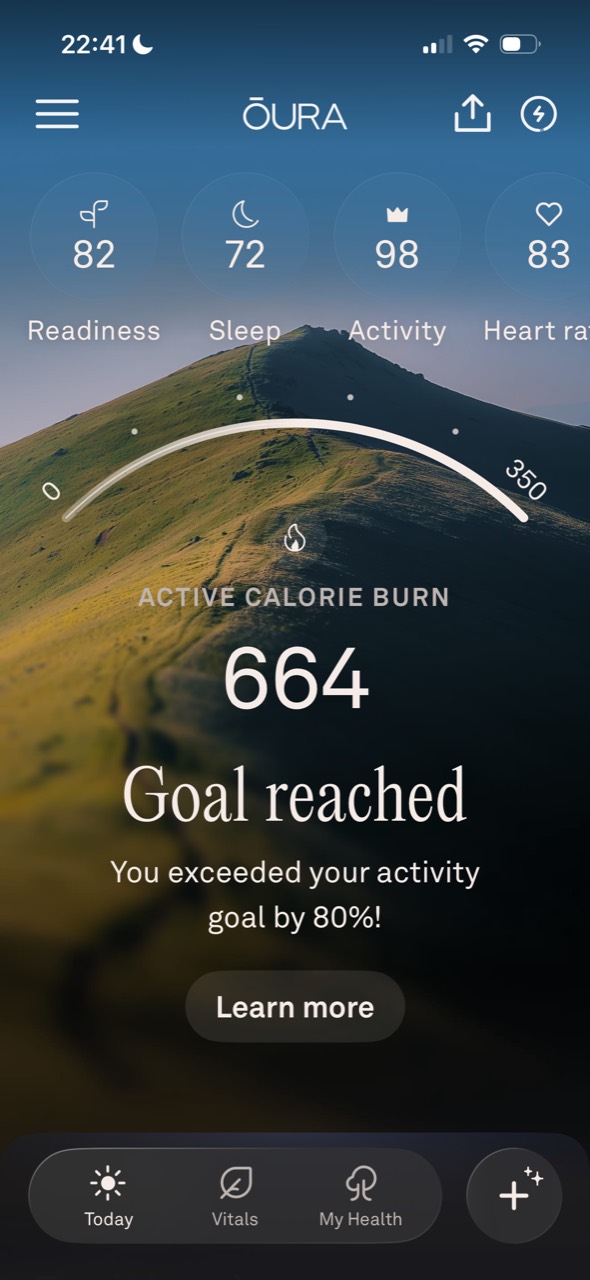 Oura app showing 664 active calories and the activity goal exceeded by 80 percent
